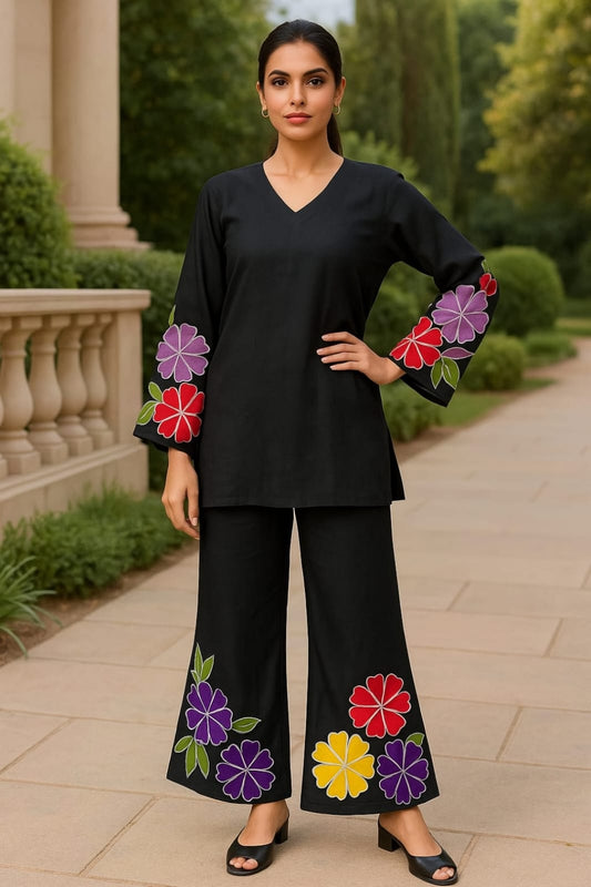 Elegant Cotton Co-ord Set with Colorful Floral Embroidery - Article-1473