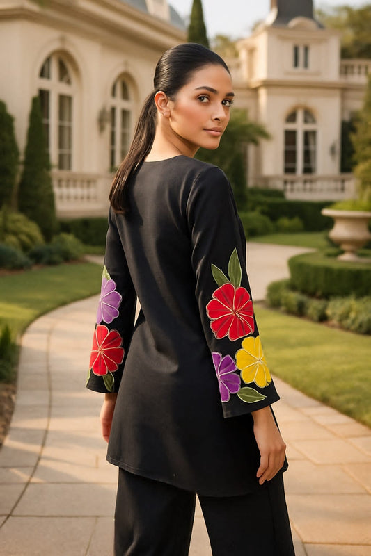 Elegant Cotton Co-ord Set with Colorful Floral Embroidery - Article-1473
