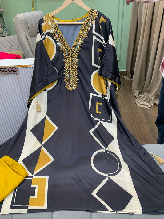 Pure Crepe Kaftan with Digital Print & Real Mirror Work – Article 1006 | Premium Ethnic Wear