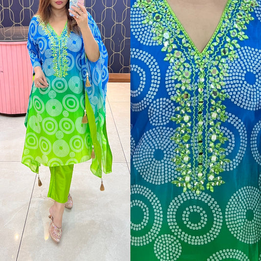 Bandhani Pure Crepe Kaftan Kurti with Mirror Work & Tassels – Multicolor Ombre Ethnic Wear for Women - Article 1006