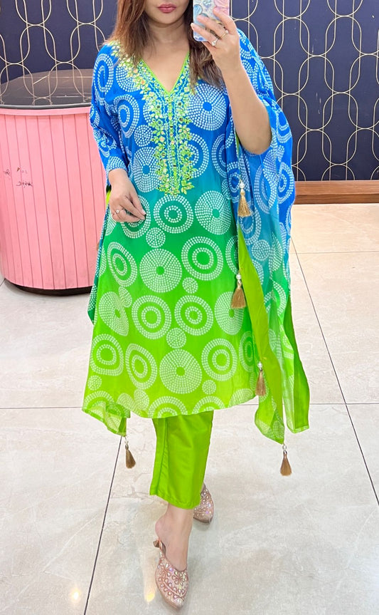 Bandhani Pure Crepe Kaftan Kurti with Mirror Work & Tassels – Multicolor Ombre Ethnic Wear for Women - Article 1006