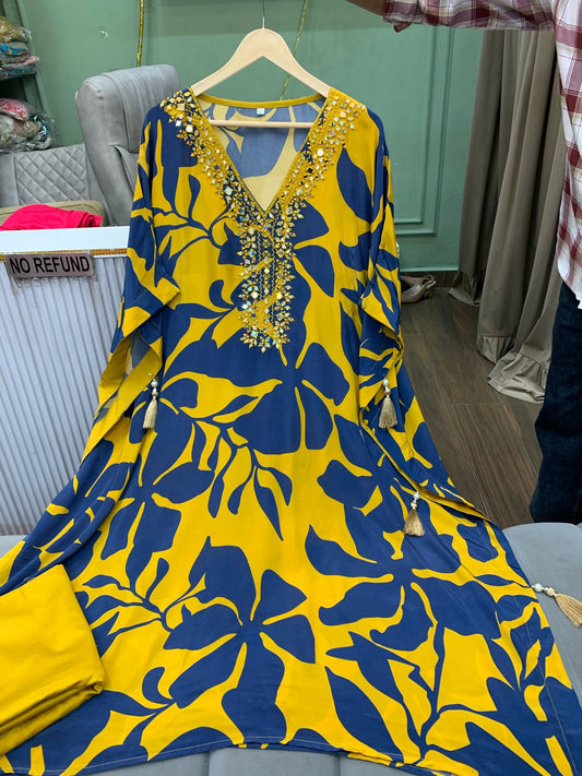 Pure Crepe Kaftan with Digital Print & Real Mirror Work – Article 1006 | Premium Ethnic Wear